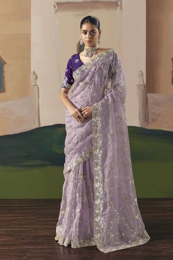 Lavender tissue silk sequince & resham work heavy designer saree