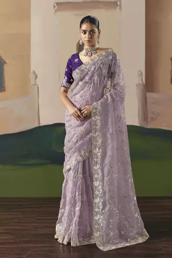 Lavender tissue silk sequince & resham work heavy designer saree