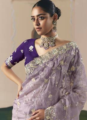 Lavender tissue silk sequince & resham work heavy designer saree 2