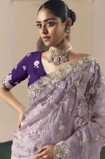 Lavender tissue silk sequince & resham work heavy designer saree