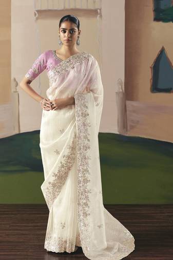 White tissue silk sequince & resham work heavy designer saree