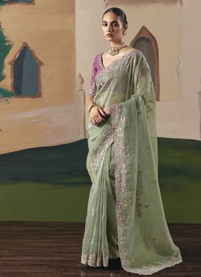 Pista tissue silk sequince & resham work  cut work border heavy designer saree 1