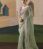 Pista tissue silk sequince & resham work  cut work border heavy designer saree