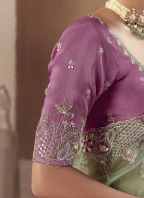 Pista tissue silk sequince & resham work  cut work border heavy designer saree 2