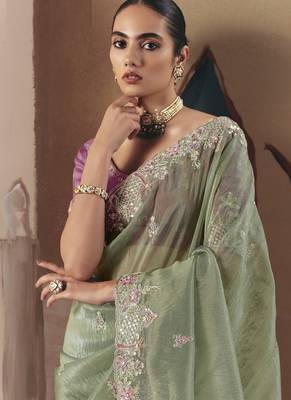 Pista tissue silk sequince & resham work  cut work border heavy designer saree 3