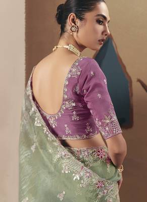 Pista tissue silk sequince & resham work  cut work border heavy designer saree 4