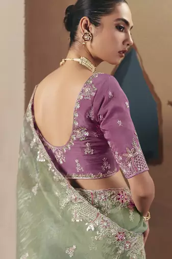 Pista tissue silk sequince & resham work  cut work border heavy designer saree