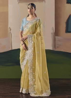 Mustard tissue silk sequince & resham work cut work border heavy designer saree 1