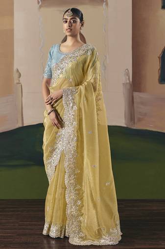 Mustard tissue silk sequince & resham work cut work border heavy designer saree