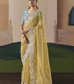 Mustard tissue silk sequince & resham work cut work border heavy designer saree