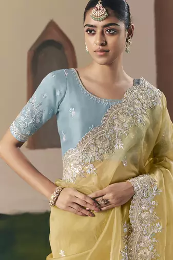 Mustard tissue silk sequince & resham work cut work border heavy designer saree