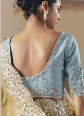 Mustard tissue silk sequince & resham work cut work border heavy designer saree 3