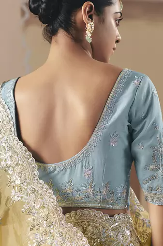 Mustard tissue silk sequince & resham work cut work border heavy designer saree
