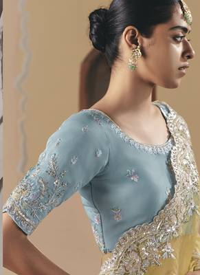 Mustard tissue silk sequince & resham work cut work border heavy designer saree 4