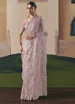 Baby pink tissue silk sequince & resham work heavy designer saree 1