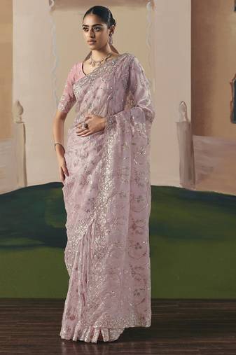 Baby pink tissue silk sequince & resham work heavy designer saree