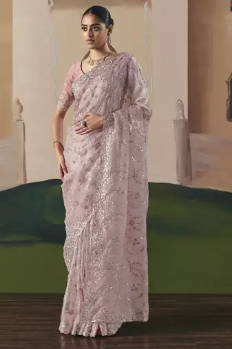 Baby pink tissue silk sequince & resham work heavy designer saree