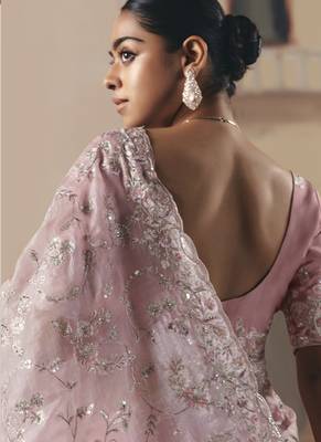 Baby pink tissue silk sequince & resham work heavy designer saree 2