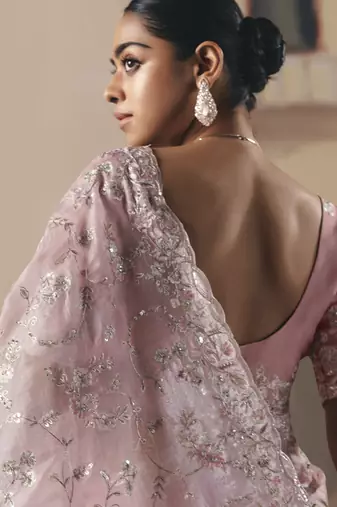 Baby pink tissue silk sequince & resham work heavy designer saree