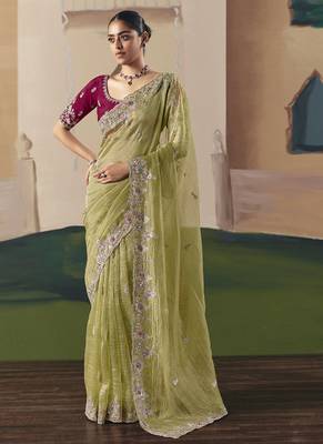 Olive tissue silk sequince & resham work cut work border heavy designer saree 1