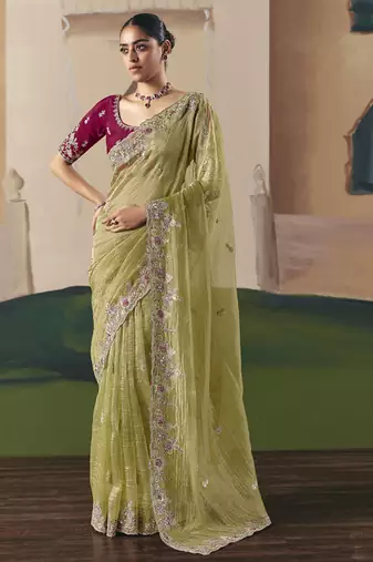 Olive tissue silk sequince & resham work cut work border heavy designer saree