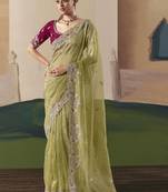 Olive tissue silk sequince & resham work cut work border heavy designer saree