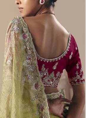 Olive tissue silk sequince & resham work cut work border heavy designer saree 3