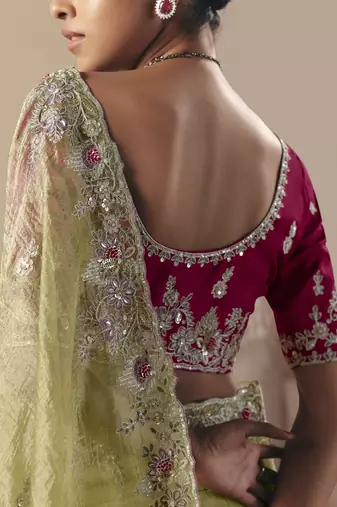 Olive tissue silk sequince & resham work cut work border heavy designer saree