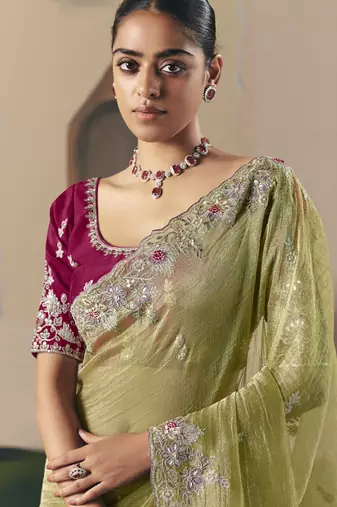 Olive tissue silk sequince & resham work cut work border heavy designer saree