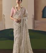 Beige tissue silk sequince & resham work cut work border heavy designer saree