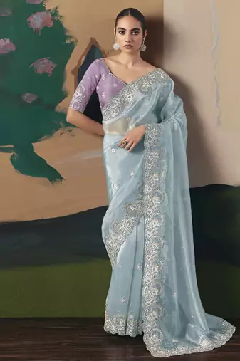 Sky blue glass tissue silk sequince & resham work cut work border heavy designer saree