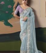 Sky blue glass tissue silk sequince & resham work cut work border heavy designer saree