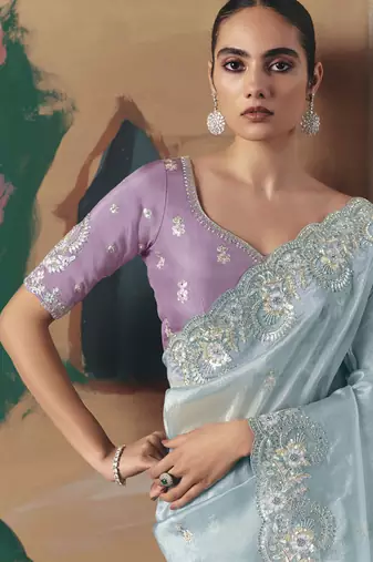 Sky blue glass tissue silk sequince & resham work cut work border heavy designer saree