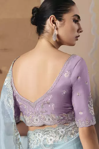 Sky blue glass tissue silk sequince & resham work cut work border heavy designer saree