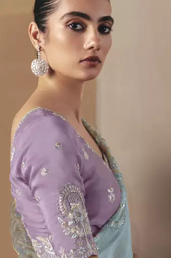 Sky blue glass tissue silk sequince & resham work cut work border heavy designer saree