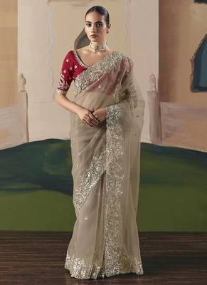 Coffee oraganza sequince & resham work cut work border heavy designer saree 1
