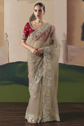 Coffee oraganza sequince & resham work cut work border heavy designer saree