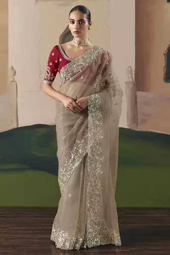 Coffee oraganza sequince & resham work cut work border heavy designer saree