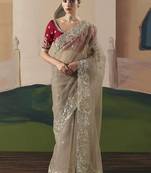 Coffee oraganza sequince & resham work cut work border heavy designer saree