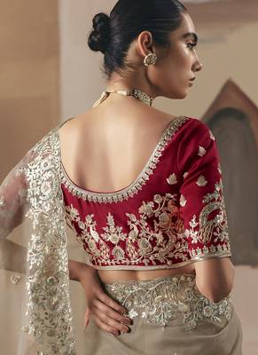 Coffee oraganza sequince & resham work cut work border heavy designer saree 2