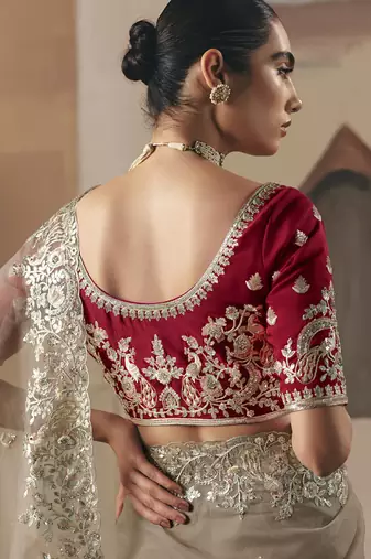 Coffee oraganza sequince & resham work cut work border heavy designer saree