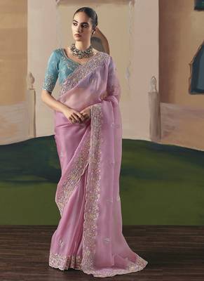 Baby pink tissue silk sequince & resham work  cut work border heavy designer saree 1