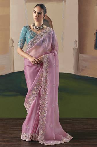 Baby pink tissue silk sequince & resham work  cut work border heavy designer saree
