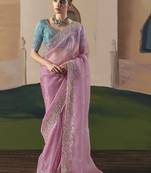Baby pink tissue silk sequince & resham work  cut work border heavy designer saree
