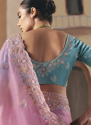 Baby pink tissue silk sequince & resham work  cut work border heavy designer saree 2