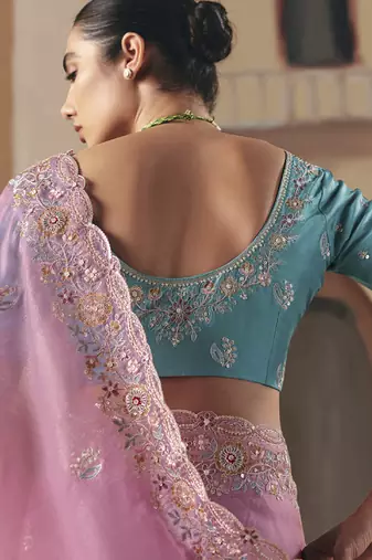 Baby pink tissue silk sequince & resham work  cut work border heavy designer saree