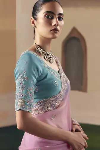 Baby pink tissue silk sequince & resham work  cut work border heavy designer saree
