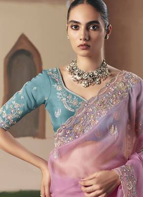 Baby pink tissue silk sequince & resham work  cut work border heavy designer saree 4