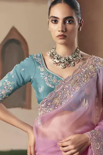 Baby pink tissue silk sequince & resham work  cut work border heavy designer saree