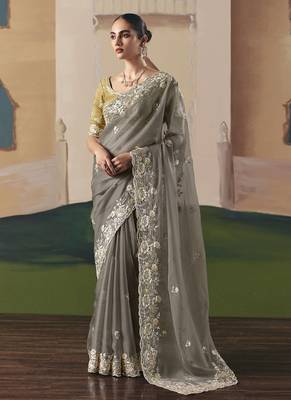 Gary tissue silk sequince & resham work  cut work border heavy designer saree 1